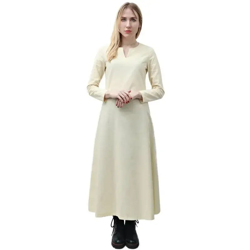 DAZCOS Medieval Women Linen Underdress Viking Slit Neckline Underwear Renaissance Long Sleeve Undergarment Dress for LARP