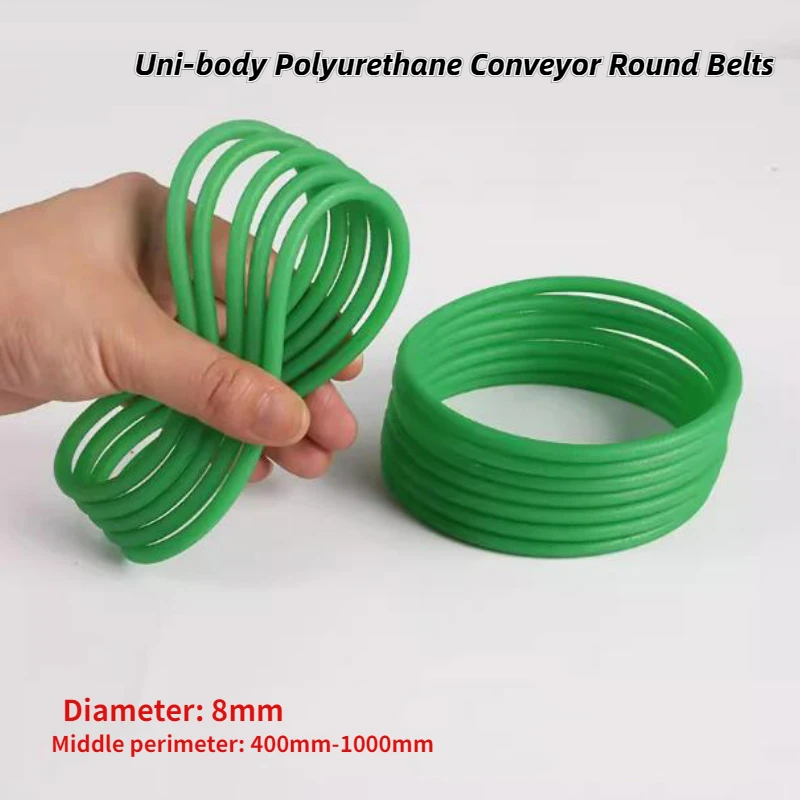 สายพานลำเลียง PU โพลียูรีเทนทรงกลมสีเขียวขนาดเส้นผ่าศูนย์กลาง8มม. ความยาว400-1000มม. สายพานซิงโครนัส2ชิ้น