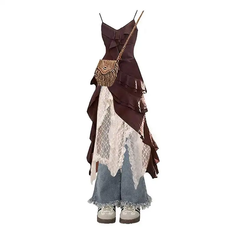 Ensemble en jean rétro grande taille avec dentelle fendue ter Dr et pantalon évasé amincissant t-shirt pièce femme automne Faion Dr