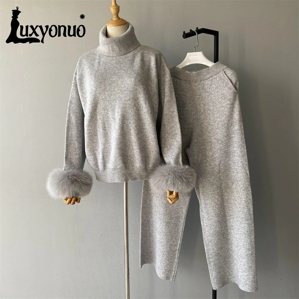 Luxyonuo Autumn Women's Sweaters Knitwear Real Fox Fur Cuffs Ladies Fashion Loose Sweater Set High Quality Wool Blend Pullover