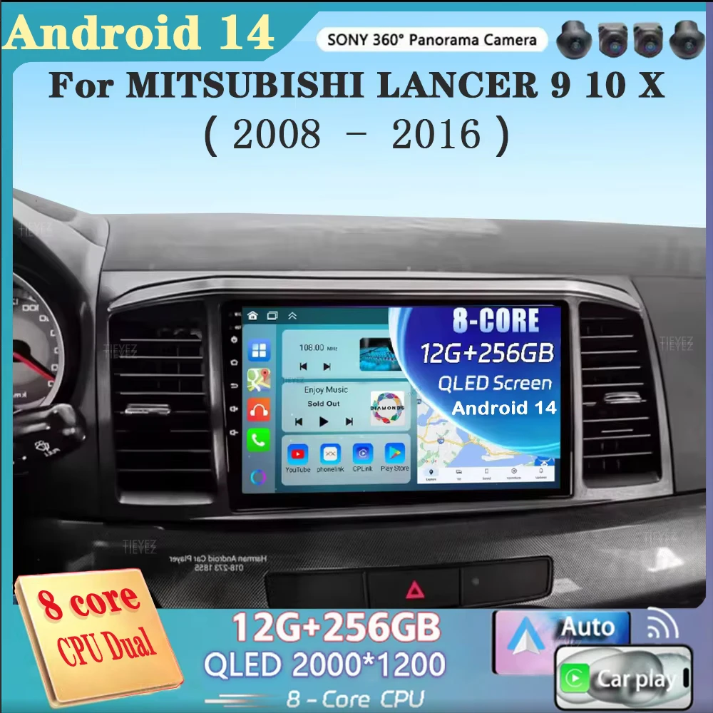 For MITSUBISHI LANCER 9 10 X 2008 2009 2010 2011 - 2016 9Inch Android 14 Car Radio Stereo Audio GPS Player Carplay Auto Screen