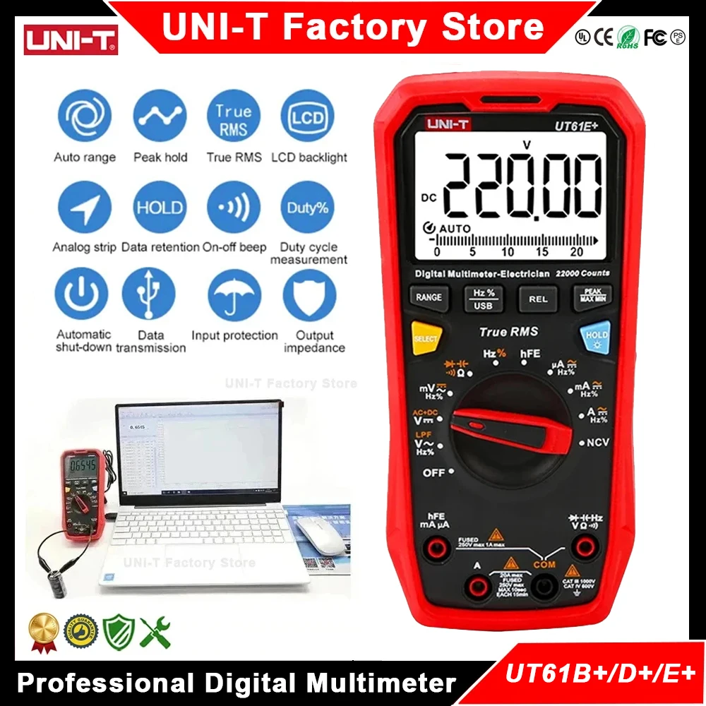 UNI-T-Analógico Multímetro, Testador Elétrico Digital, Voltímetro Profissional, UT61B, UT61D, UT61E Plus, 22000 Contagens Amperímetro