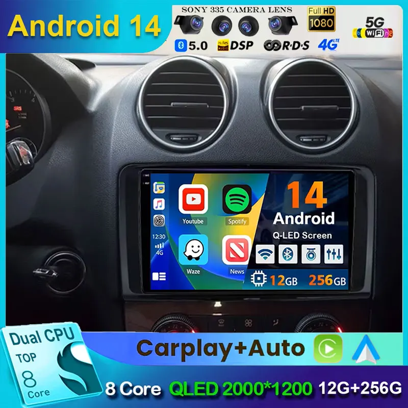 Android 14 For Benz GL ML W164 ML350 ML500 X164 2005-2012 2K QLED Android Car Radio Multimedia Video Player GPS Stereo CarPlay