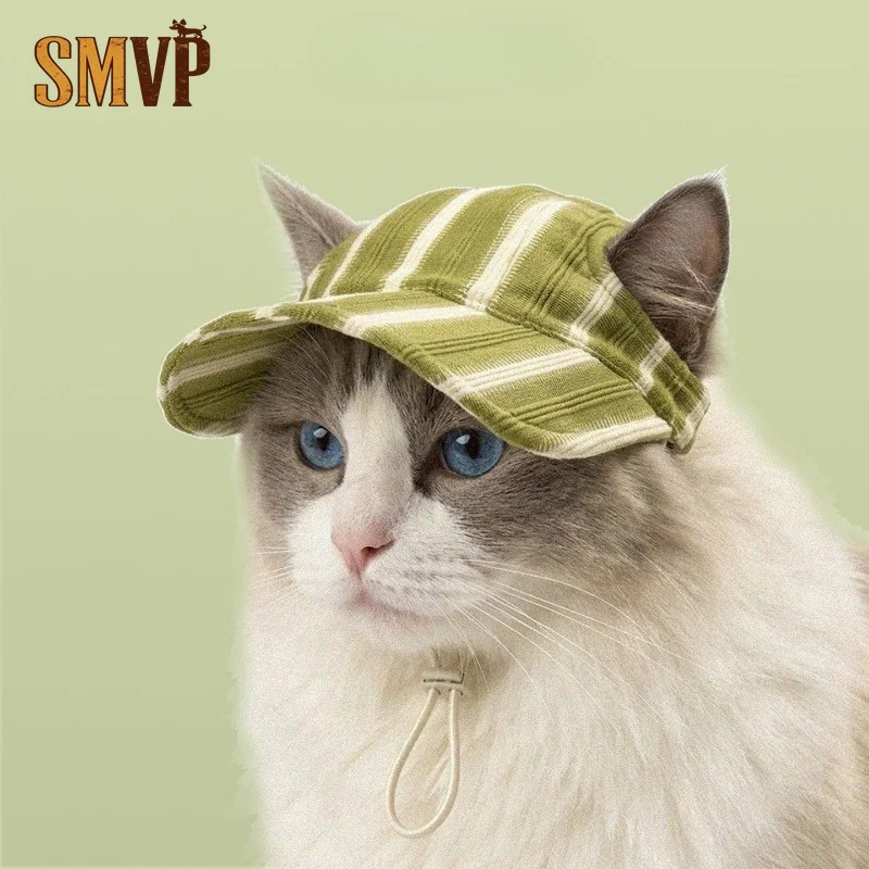 Striped Pet Baseball Hat Ear Holes Design Adjustable Chin Strap Sun Protection Visor Cap Cute Outdoor Photo Accessory for Pets