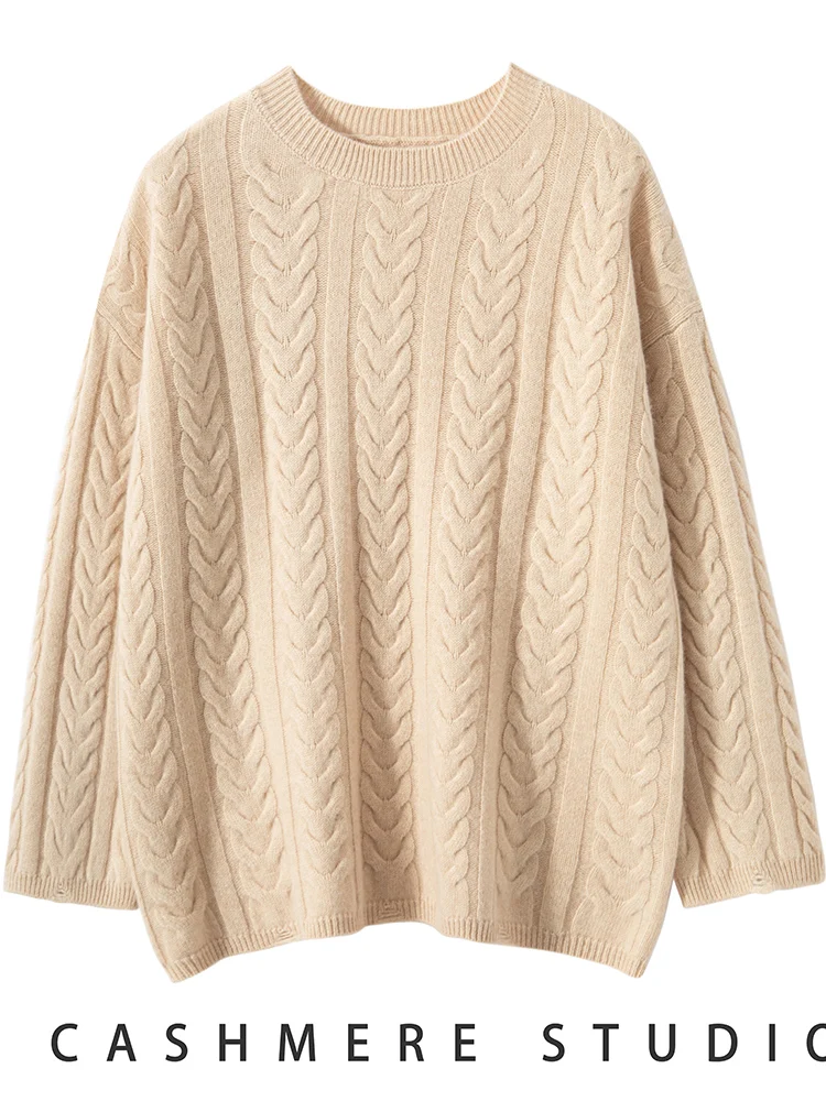 

TLOML Women's 100% Cashmere Sweater Cable Knitting Pullover O-Neck Long Sleeve Cashmere Knitwear Autumn Winter Thick Loose Tops