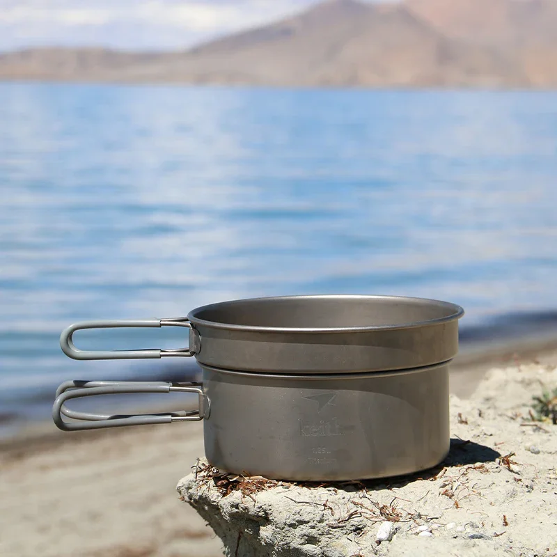 KEITH Titanium Ti6017 800ml+1.25L Ultralight and Portable 2-Piece Pot and Pan Cook Set for Kitchen, Camping, Hiking