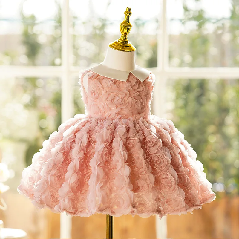 Formal Luxury Girls' Pink Princess Dress Flower Girl Wedding Pink rose petals French Children's Puffy Dress Elegant Party Dress