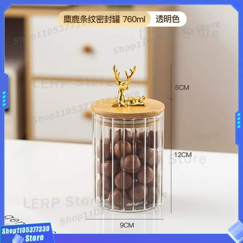 Nordic Deer Head Bamboo Lid Glass Storage Jar High Borosilicate Vertical Stripe Transparent Snack Container Heat Resistant