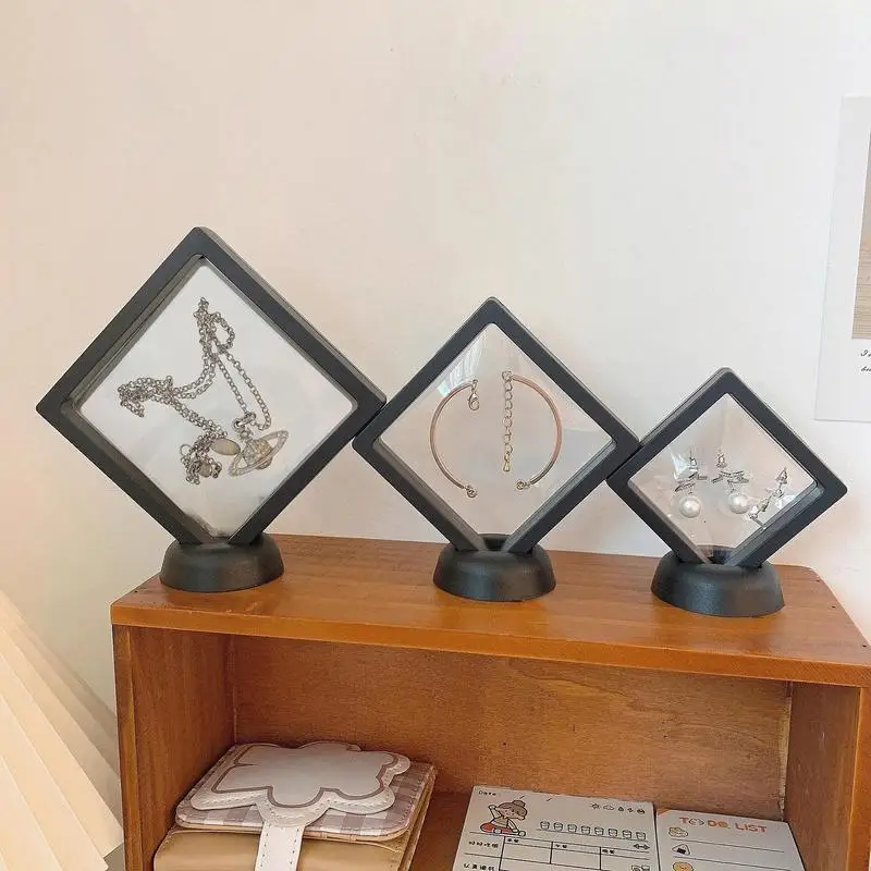 PE Film Jewelry Storage Box 3D Packaging Case Gemstone Free Stand Floating Frame Membrane Ring Earrings Necklace Display Holder