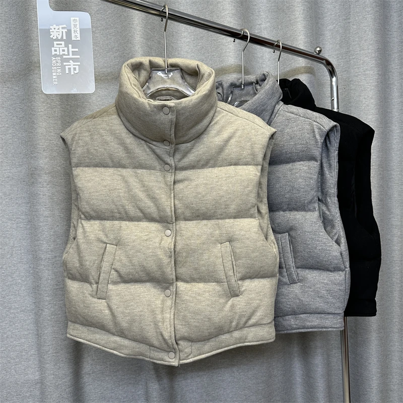 

Autumn Winter Stand Collar Corduroy Warm Down Vest Women White Duck Down Sleeveless Vests Coat Female Single Breasted Waistcoats