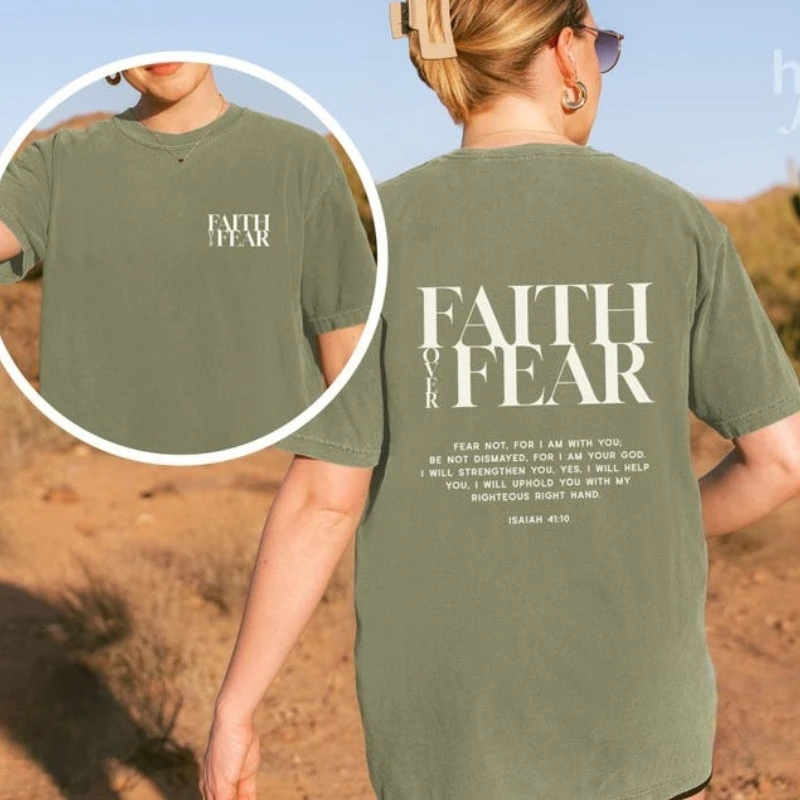 Faith Over Fear T-Shirt Christian Streetwear Bible Verse Church Aesthetic Simple Letters Unisex Printed T-shirt Graphic T Shirts
