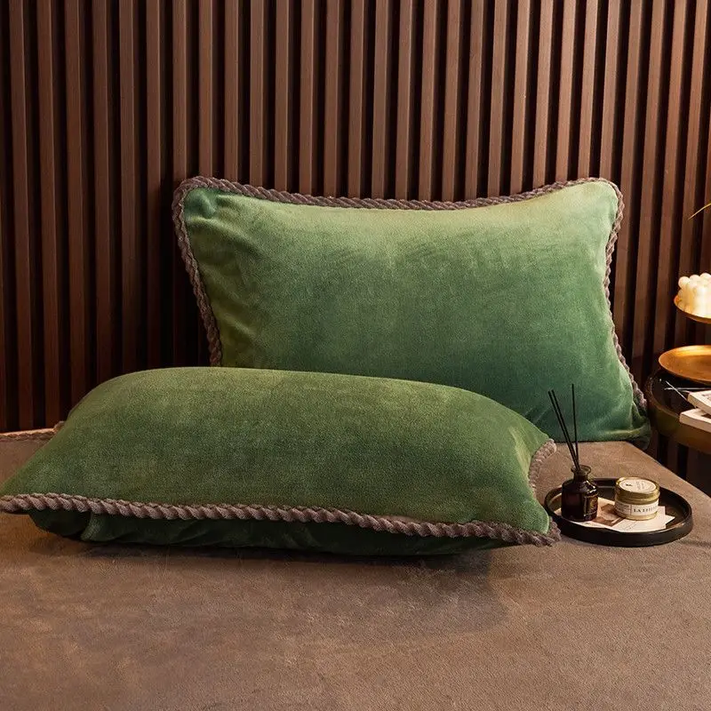 2 Pack Soft Velvet Pillowcases With Braided Trim, Dark Green Breathable Cozy Pillow Covers For Bedroom Bed Sofa Home Decor,