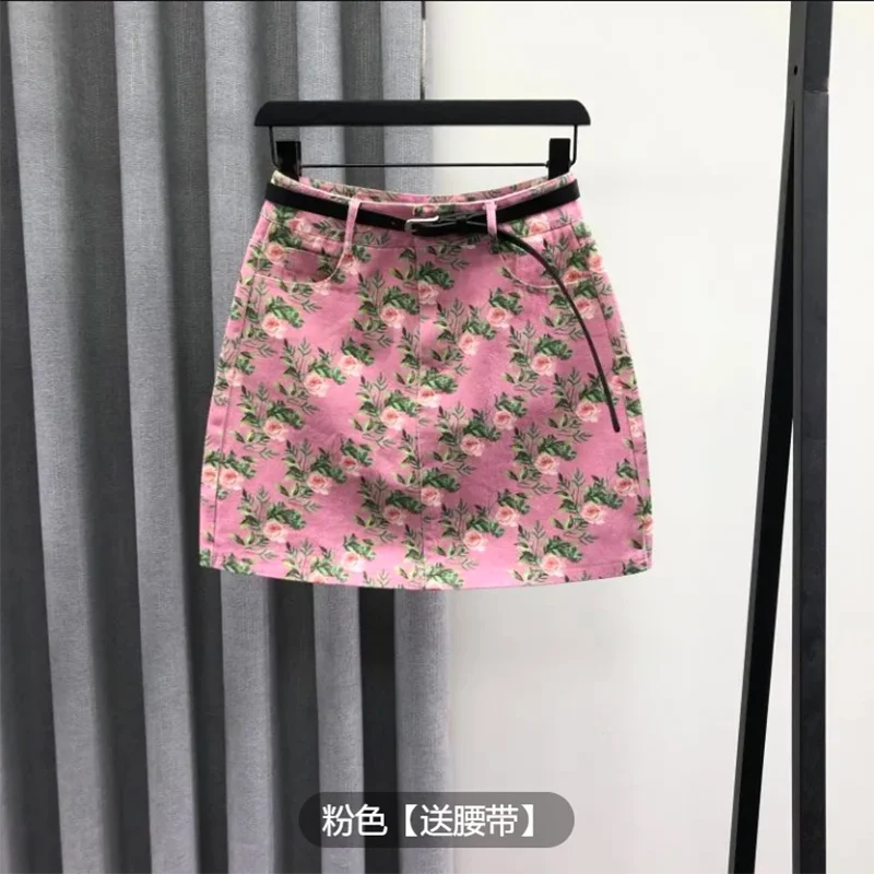 Summer Fresh Floral Denim Mini Skirt Women's Stylish Sweet A-Line Half-length Wraparound Skirt Versatile Fashionable Ins Trend