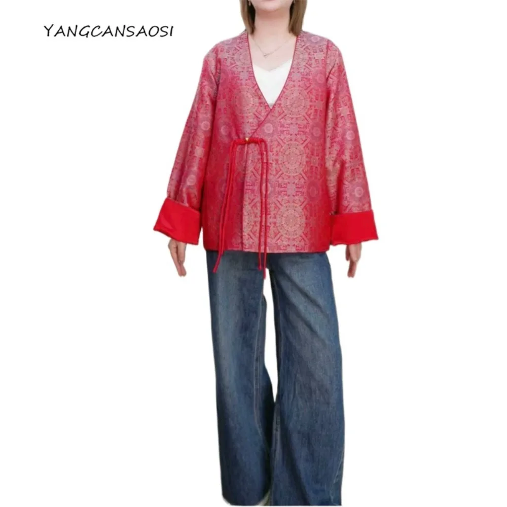 

2025 Women's Fashion New Style Peony Printed Natural Mulberry Silk Song Brocade Diagonal V-neck New Chinese Style Coat