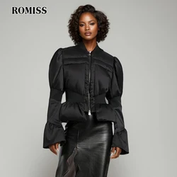 ROMISS Solid Slimming Coats For Women Stand Collar Flare Sleeve Patchwork Zipper Minimalist Tunic Jackets Female Fashion