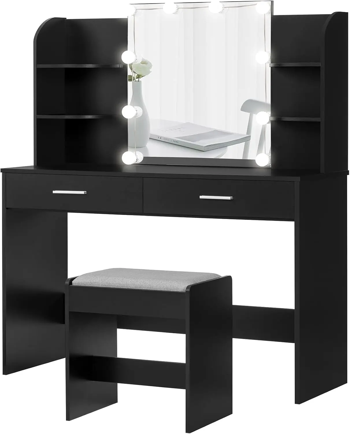 Makeup Vanity with Mirror &10 LED Lights, Vanity Makeup Table Set with 2 Drawers &Open Shelves,Makeup Vanity Desk Dressing Table