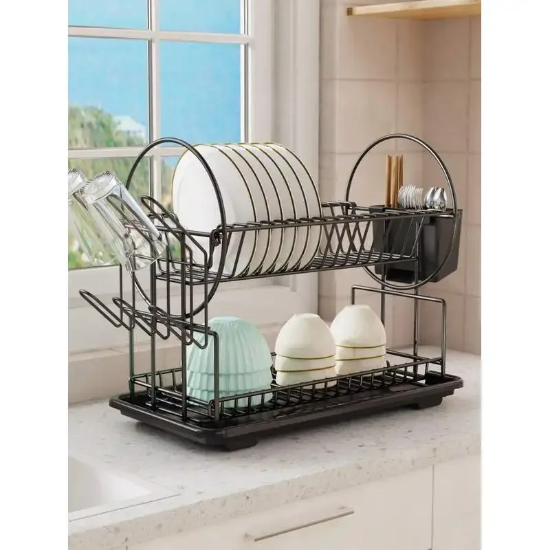 2-Tier Dish Drying Rack Kitchen Countertop Automatic Drainage Rustproof Dish Drainer with Utensils
