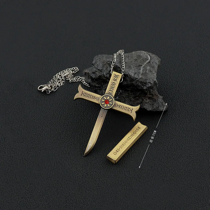 Vintage One Pcs Cross Blade with Sheath Pendant Necklace for Men Red Stone Metal Chain Necklace Anime Fans Cosplay Jewelry Gifts