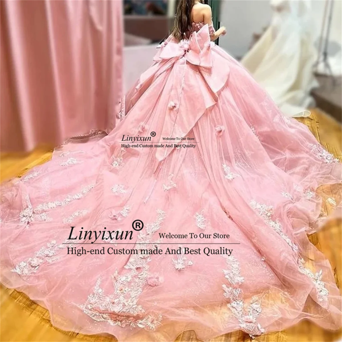 Vestido de quinceañera de encaje sin hombros, vestido de noche hinchado, vestido de baile con cuentas de cristal, flor, rosa, escote Corazón, 15