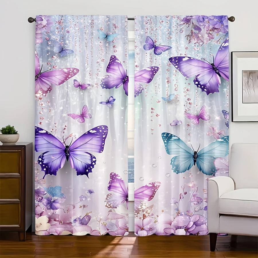 Digital Printed Curtains, Purple Butterfly Star Fall Pattern, Stylish Window Treatment for Living Room Bedroom Decor