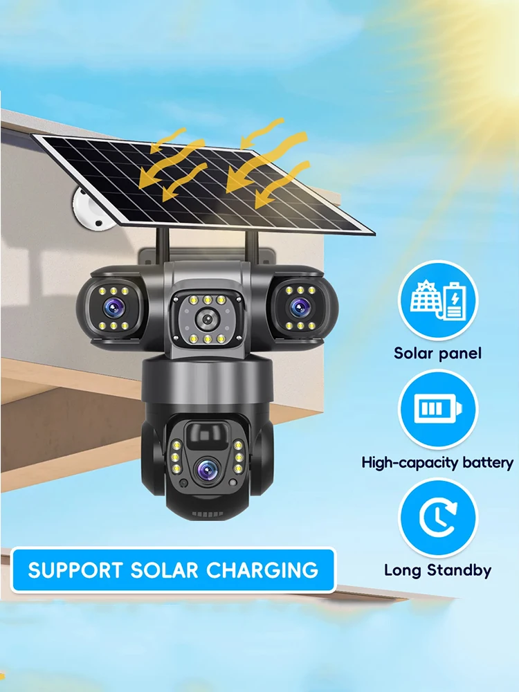 WLAN-Solarkamera mit 3 Objektiven, 3 Betrachtungswinkeln, Outdoor-Smart-Home-Sicherheitsschutz, HD-Nachtsicht, 360° PTZ, Fernbedienung, Kabellose Solarbetriebene IP-Kameras