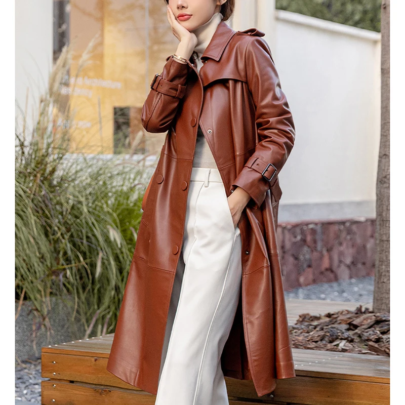 Women's Leather Coat Double-Breasted Belt Lapel Fashion Casaco Real Sheepskin Caramel/Apricot Slim Long Trench Jaqueta Feminina