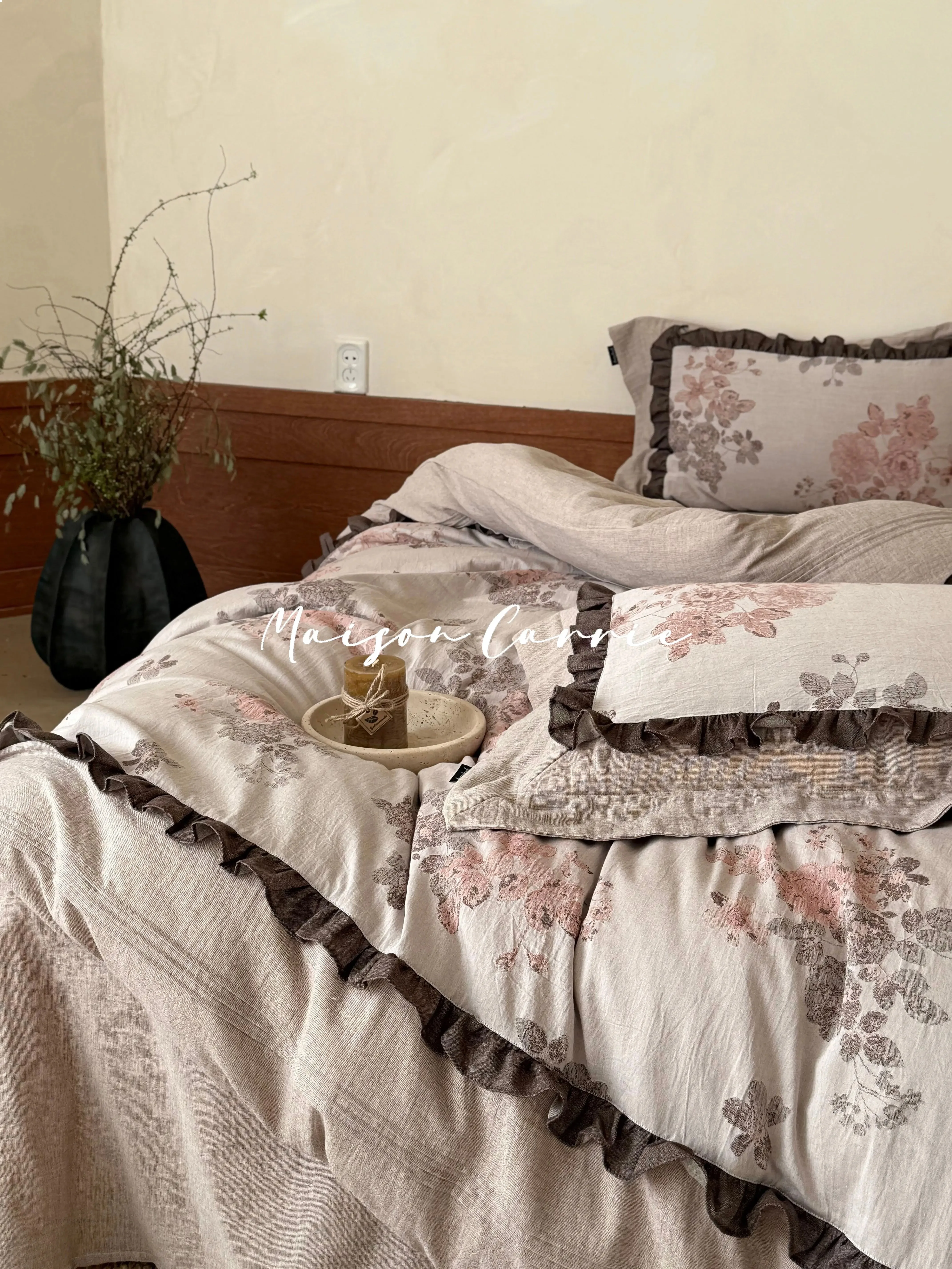 Jiali Home French Floral Cotton Linen Blend Double-Layer Bedding Set Vintage Lace Sheet