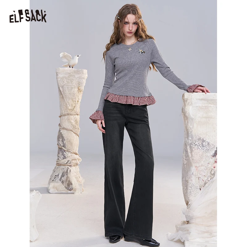 

ELFSACK 2025, осенние новые поступления, повседневные универсальные однотонные тонкие джинсовые брюки со средней посадкой для женщин