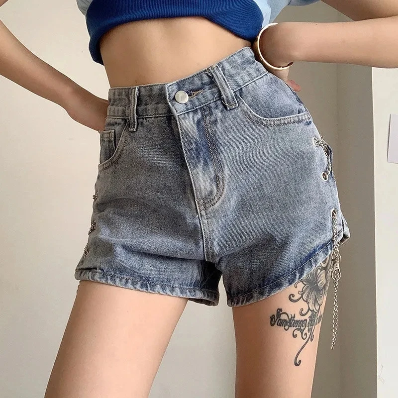 Rimocy Fashion Chain Blue Denim Shorts for Women 2024 Sexy Split High Waist Shorts Woman Summer Streetwear Short Jeans Female