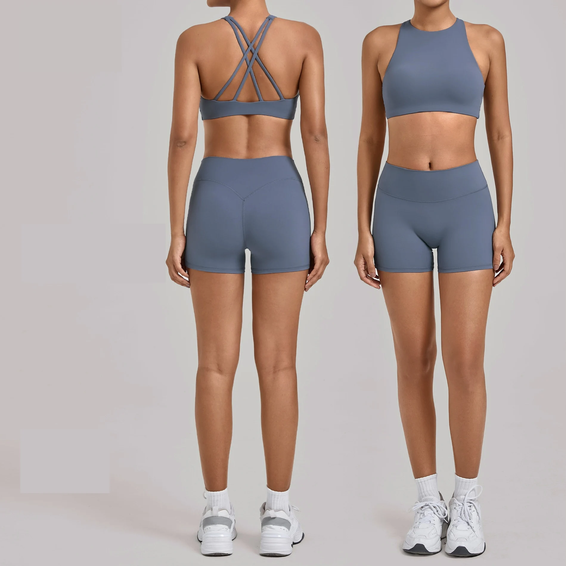 

Спортивный комплект Ning yu Cross back Yoga из 2 предметов для женщин: облегающий быстросохнущий фитнес-костюм с отстегивающимися чашечками и спортивные шорты.
