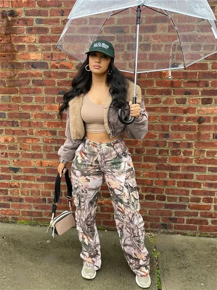 

Summer Outfits Clothes Streetwear Loose Pants For Women Trousers High Waist Pockets Baggy Cargo Pants Print Trousers