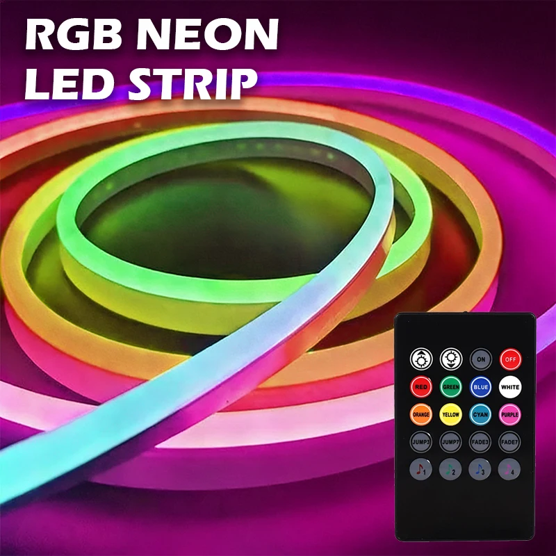 RGB Multi-Color Neon Strip Light with 20-Key Remote Dimmable for Living Room Ambient Decoration