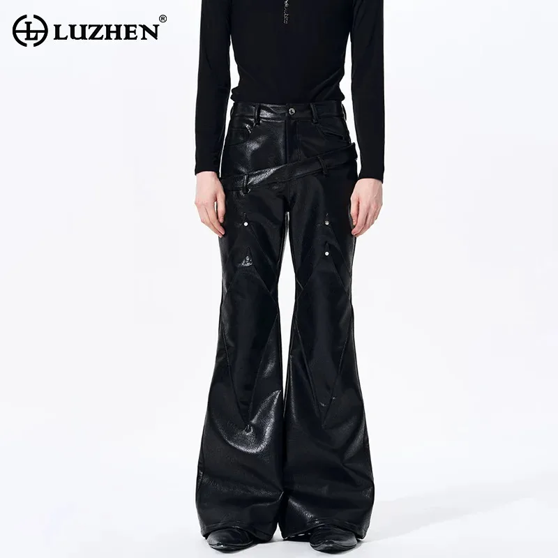 

LUZHEN 2026 High Quality Personalized Belt Decorate Leather Bell-bottoms Leather Pants Men's Trendy Solid Color Trousers JY6471