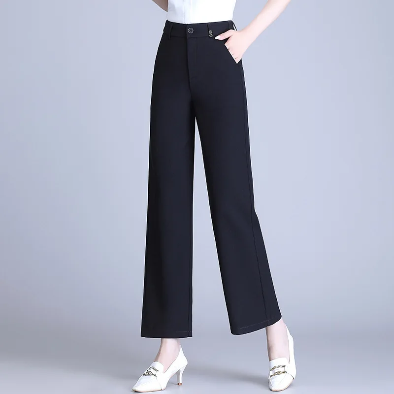 سروال بدلة سوداء للنساء، سروال خريفي عالي الخصر للتخسيس فضفاض متعدد الاستخدامات ثنيات تسع نقاط صغير مستقيم الساق