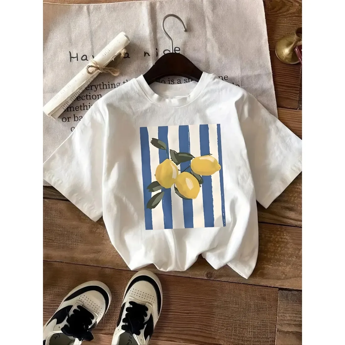 Children's Round Neck T-shirt Fashionable Loose Soft Comfortable Lightweight Breathable Simple Fresh Lemon Pattern Top