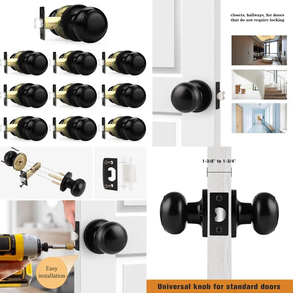 مقابض أبواب داخلية كروية مسطحة بدون مفتاح، مجموعة مرور سوداء غير لامعة للممر والخزانة، مقابض أبواب مكونة من 10 عبوات بتصميم عصري #1