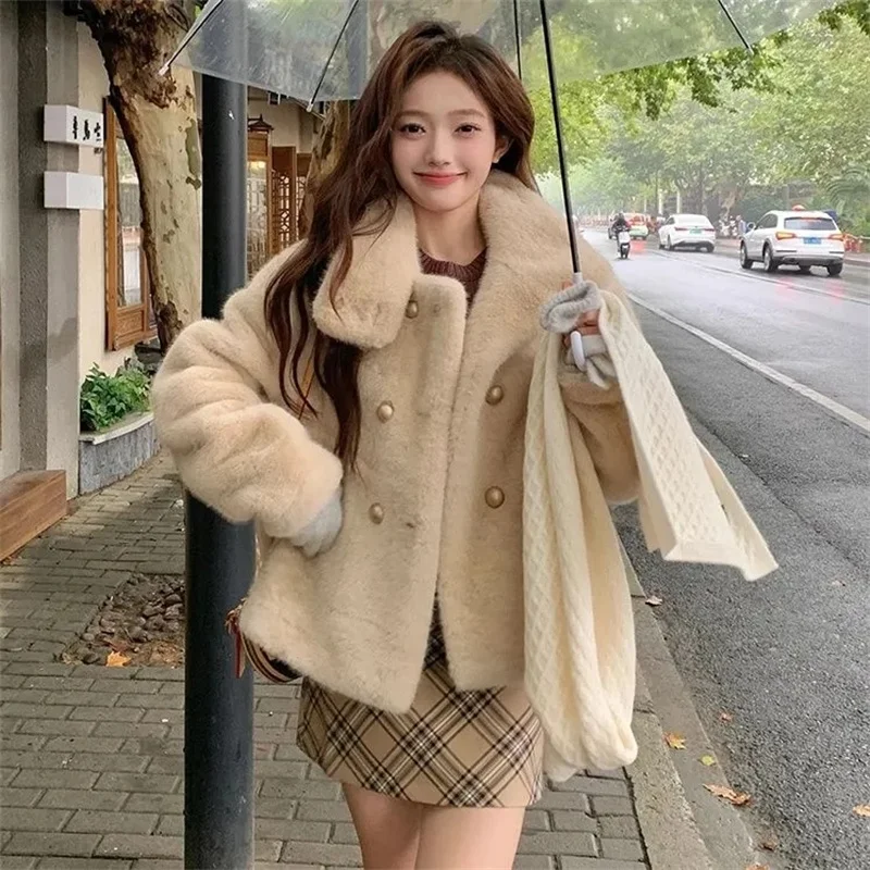 New mink fur coat women autumn and winter, thickened premium small fragrant style, double breasted fur coat with stand up collar