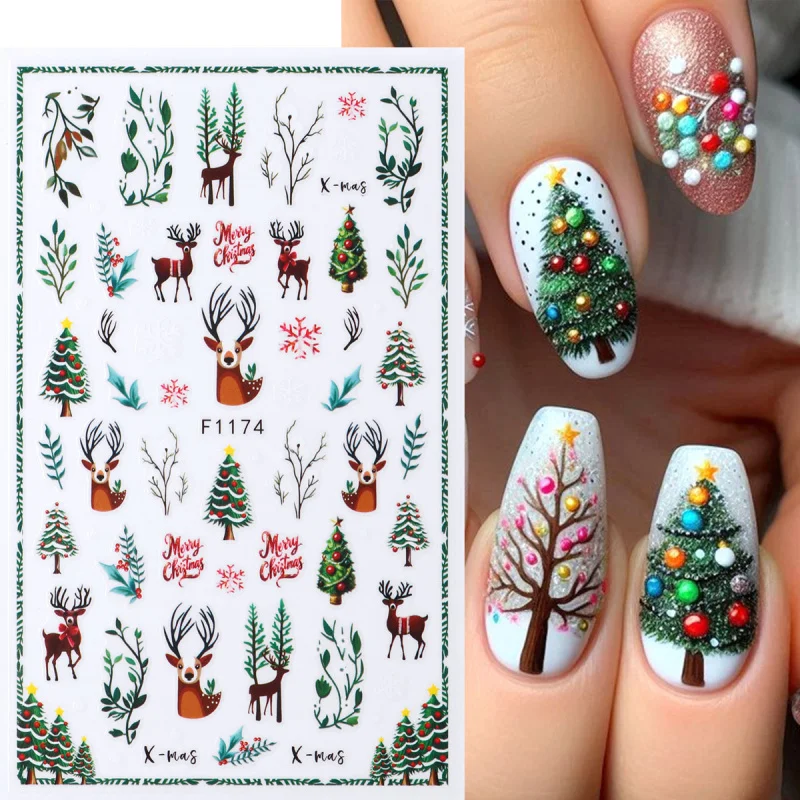 2개입 크리스마스 네일 스티커 겨울 순록 크리스마스 트리 홀리 덩굴 네일 아트 데칼 화려한 꽃무늬 폴리쉬 슬라이더 장식