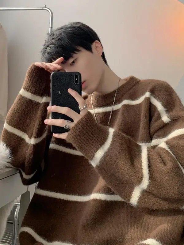

Large Size 300 Pou Lazy Stripe Men's Knitted Sweater Soft Plu Casual Sle Autumn Winter American Trendy Brand Premium Feel