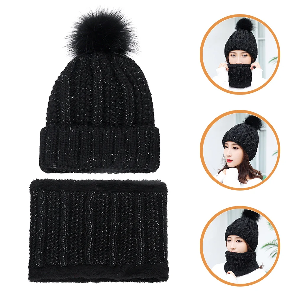 سميكة الخريف الشتاء محبوك قبعة الرقبة الحرس الأسود وشاح مجموعة للنساء الدافئة غزل الصوف قبعة مريحة أنيقة الاستخدام في الهواء الطلق