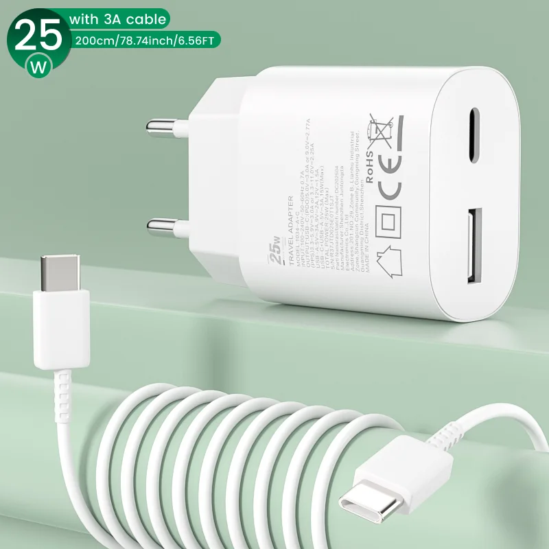 

Комплект сверхбыстрое двухпортовое зарядное устройство мощностью 25 Вт для Samsung Galaxy S25, S24 Ultra, S23 Ultra, S22, Note20, с кабелем Type-C на Type-C длиной 2 м