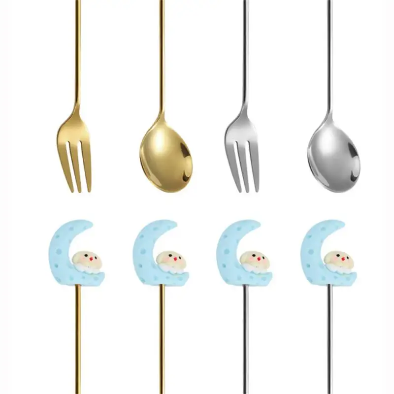 Stainless Steel Spoon Fork Stainless Steel Cute Dessert Spoon Cloth Wheel Light Dessert Kitchen Tool Moon Rabbit Spoon Fork Fork