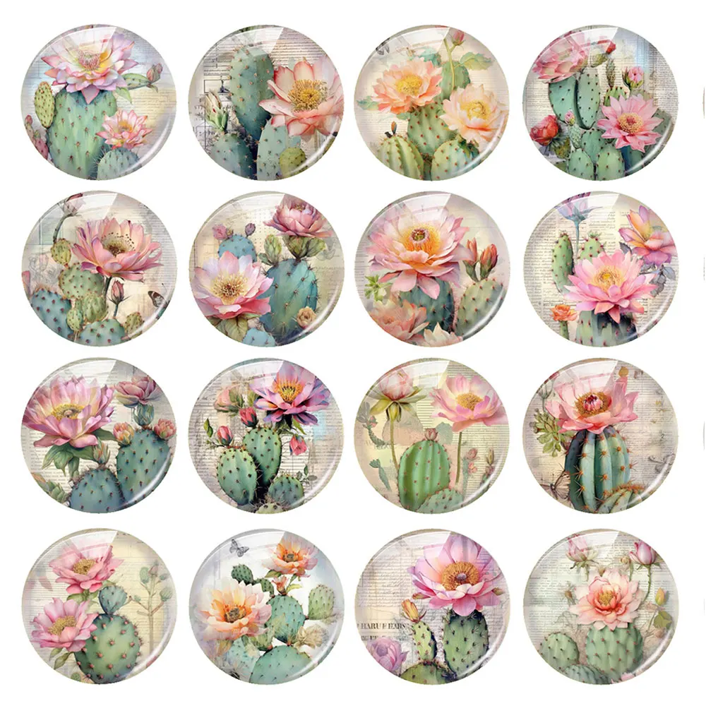 Random Mixed Round/Oval/Square Western Cactus Flower Photo Glass Cabochon Flatback Demo Cameo For Diy Jewelry Making Handmade