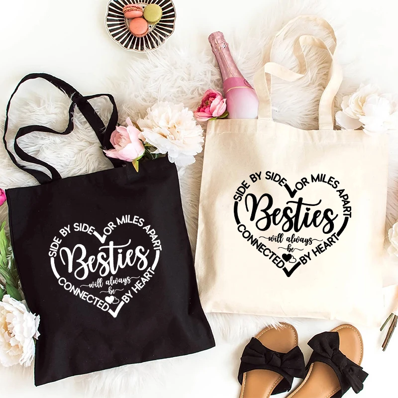 Besties Casual Tote Bag Women Side By Side or Miles Apart Besties Will Always Be Connected By Heart Shopping Shoulder Handbag