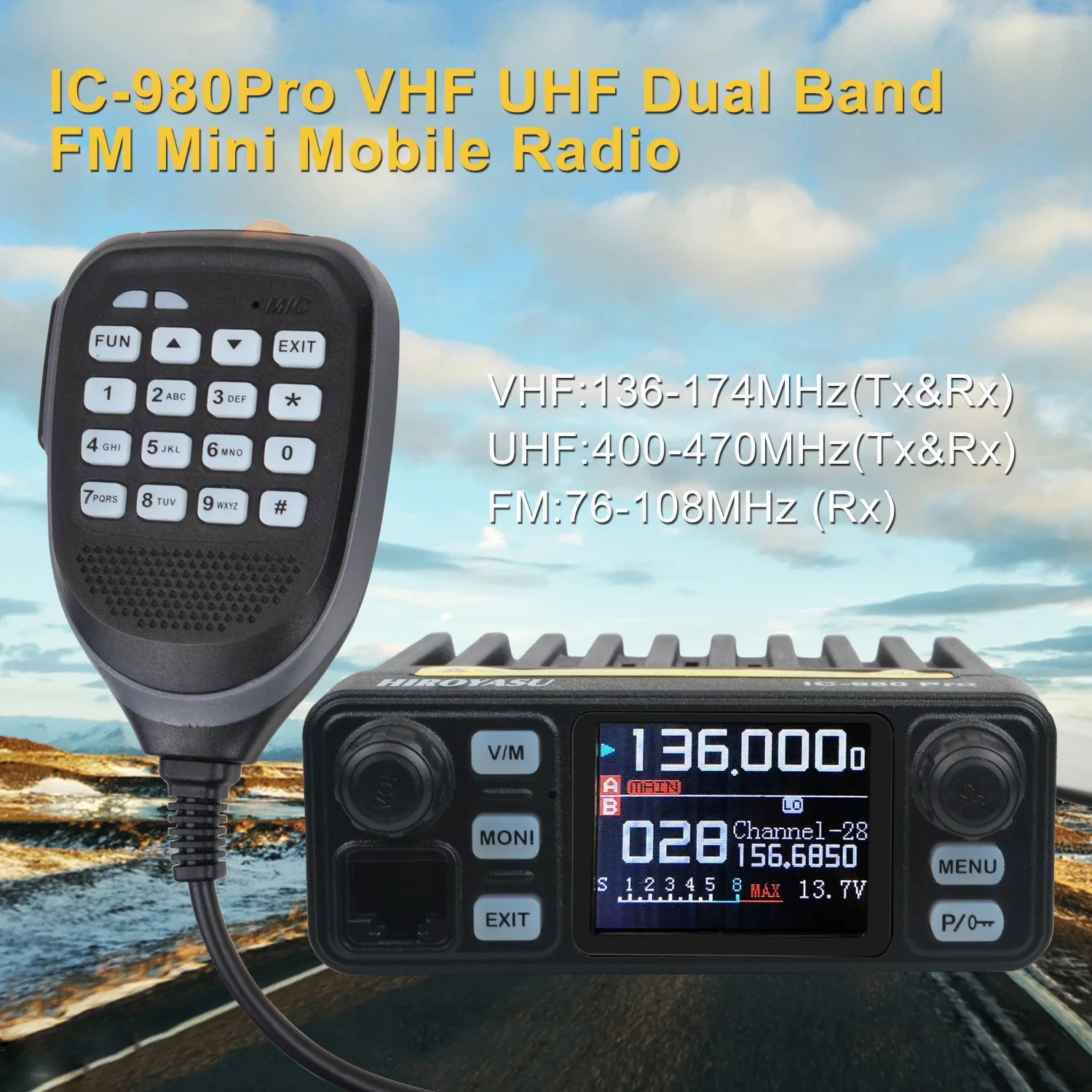 Radio Móvil Hiroyasu IC-980Pro VHF UHF de Doble Banda, Doble Pantalla, 25W, 200 Canales, Reducción de Ruido, Mini FM, Vox, Scrambler