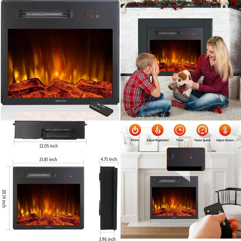 

23 23-Inch Electric Fireplace with Remote, Touchscreen, Adjustable Flames, Freestanding or Recessed Mount