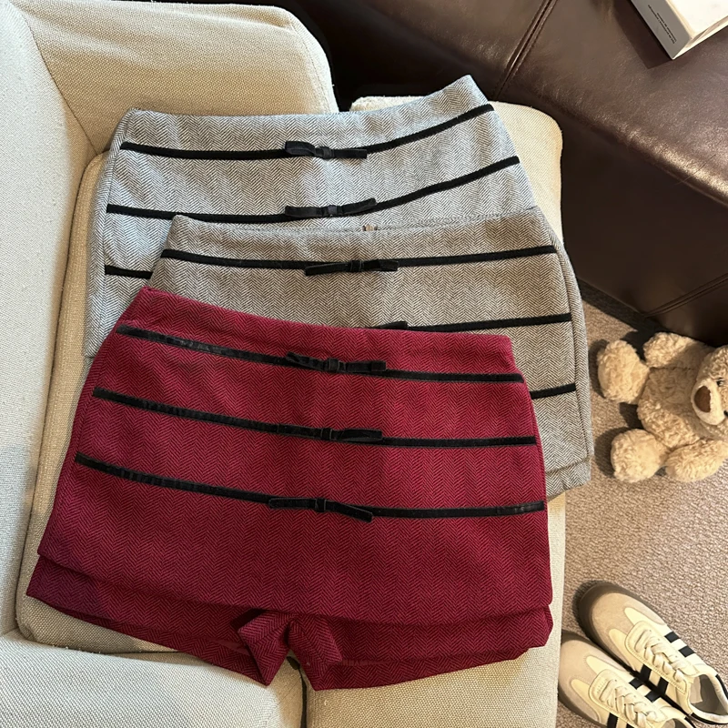 Women's Striped Mini Skirt Vintage Woolen Short Skirt Harajuku Korean Style Y2k Burgundy Wrap Skirt 2000s Spring Autumn Clothes