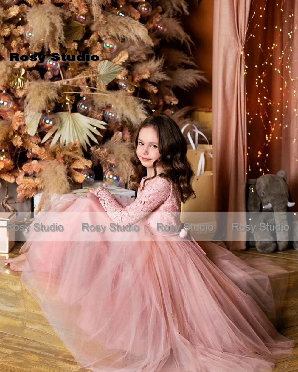 Vestidos de graduación de encaje rosa para niña, Vestido de manga larga para niña de flores, vestidos de desfile de tul hasta el suelo, vestidos personalizados