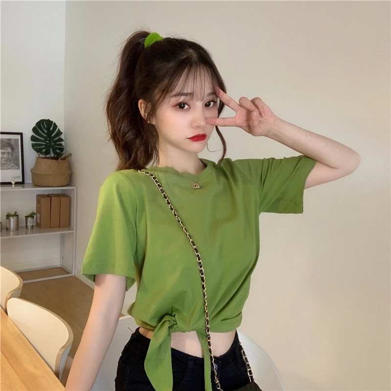 Spring Fashion Y2K T-shirt Woman Summer High Waist Short Sleeve Tee Shirt Femme Solid Sexy Crop Top Vintage Clothes Women