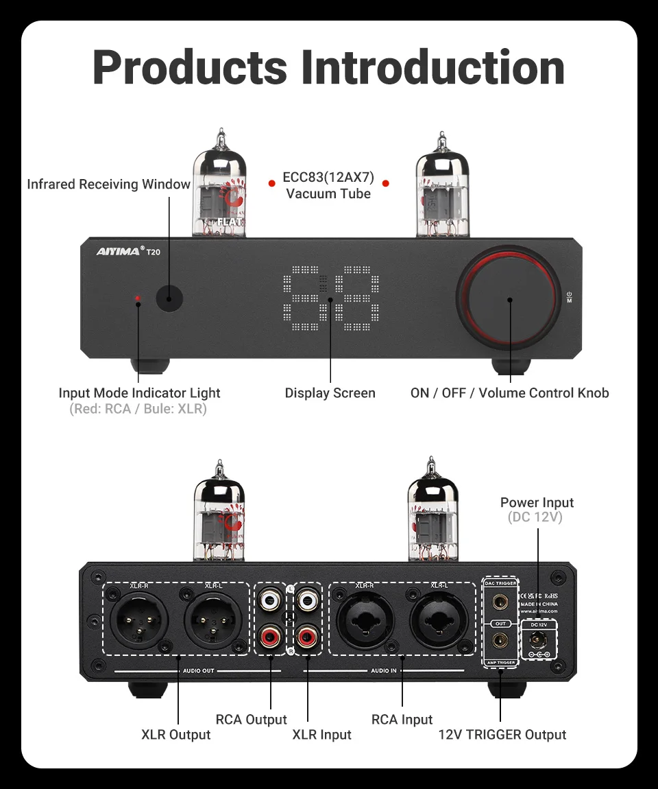 AIYIMA Audio T20 Röhren-Vorverstärker Vollsymmetrischer XLR/RCA-Ausgang Stereo-Vorverstärker mit DAC-Verstärker 12V Trigger für HiFi-Heimverstärker – Detail 5